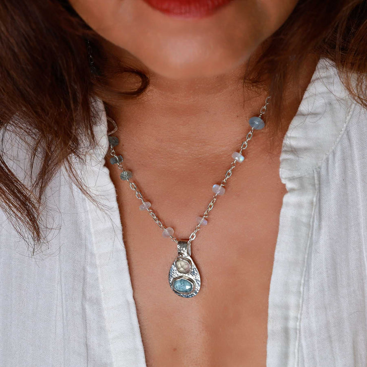 By the Lake - Multi-Gemstone Silver Pendant Necklace lifestyle image | Breathe Autumn Rain Artisan Jewelry