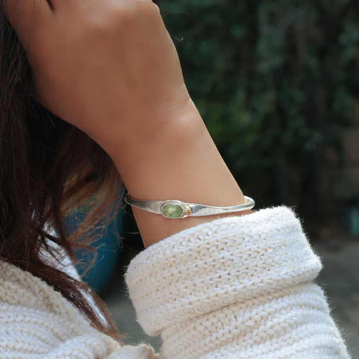 Green Kyanite Silver Cuff Bracelet lifestyle image | Breathe Autumn Rain Jewelry