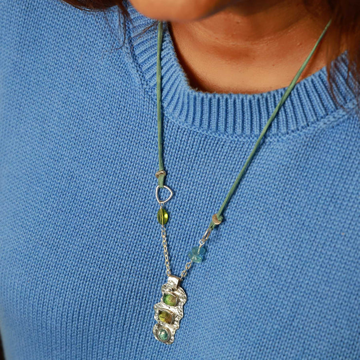 Midori and Aozora - Tourmaline and Kyanite Silver Pendant Necklace lifestyle image | Breathe Autumn Rain Jewelry