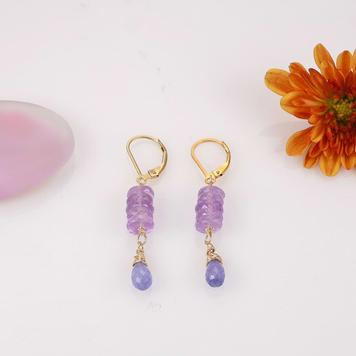 Pink Amethyst and Tanzanite Gold Earrings Breathe Autumn Rain