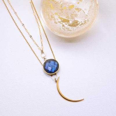 Blue Moon - Double Layered Labradorite and Crescent Moon Necklace main image | Breathe Autumn Rain Artisan Jewelry