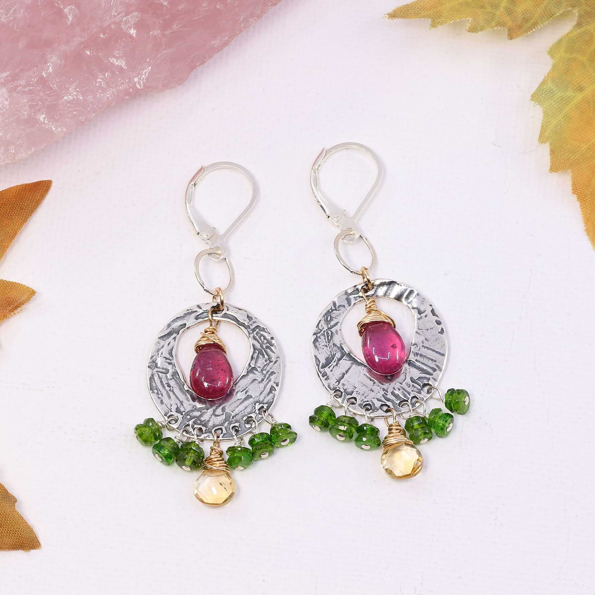 Pink Sapphire and Peridot Hammered Silver Hoop Earrings Breathe