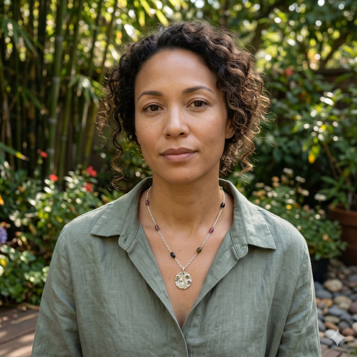 Woman wearing a green shirt and necklace in a garden setting