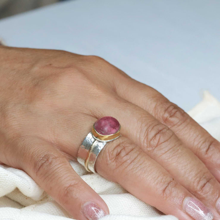 Adele - Pink Tourmaline Silver and Gold Ring lifestyle image | Breathe Autumn Rain Jewelry