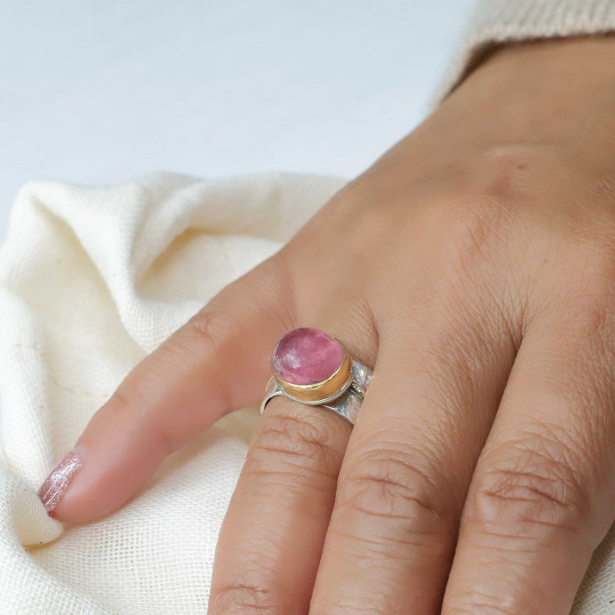 Adele - Pink Tourmaline Silver and Gold Ring lifestyle image | Breathe Autumn Rain Jewelry
