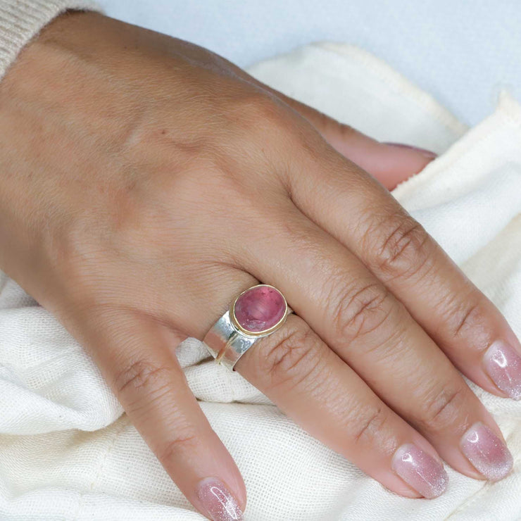 Adele - Pink Tourmaline Silver and Gold Ring lifestyle image | Breathe Autumn Rain Jewelry