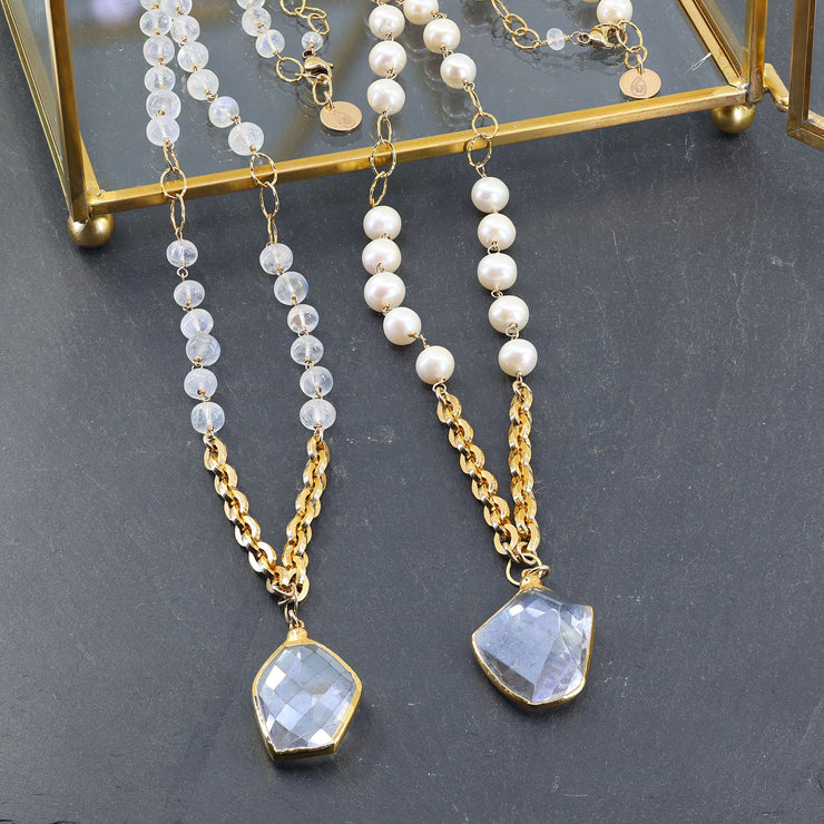 Angelina - Crystal Quartz Pearl or Moonstone Statement Necklace alt image | Breathe Autumn Rain Jewelry