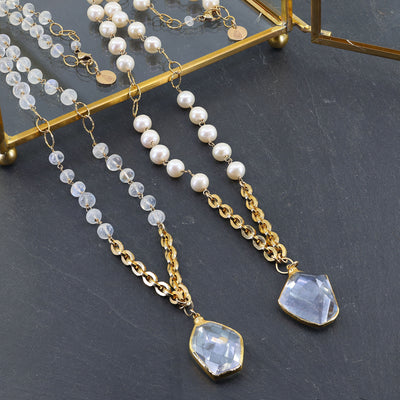 Angelina - Crystal Quartz Pearl or Moonstone Statement Necklace main image | Breathe Autumn Rain Jewelry