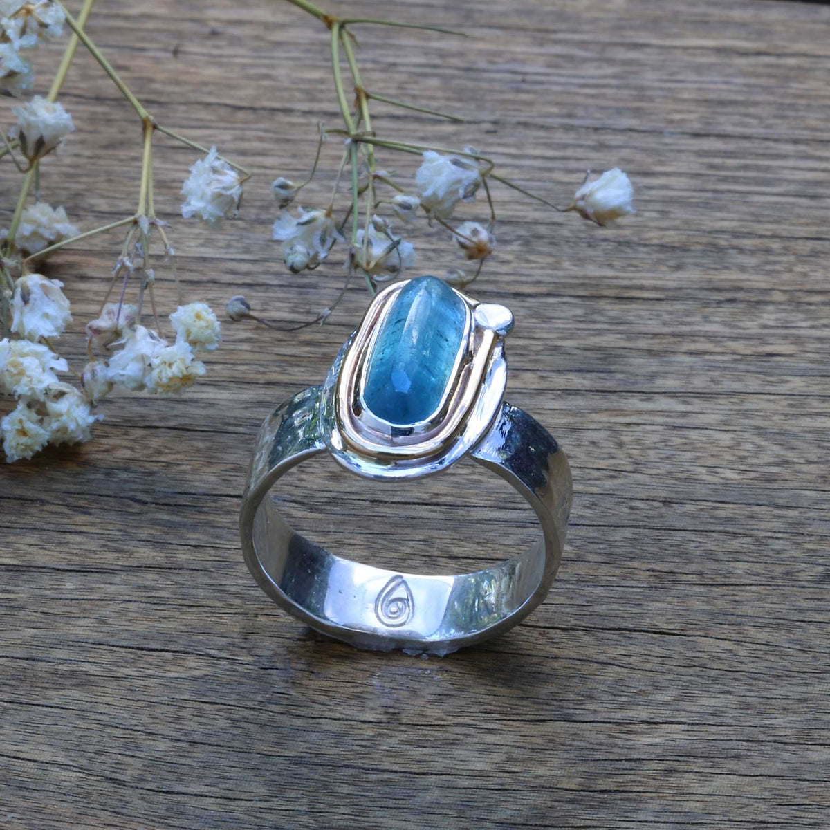 Aqua Blue Tourmaline Mixed Metal Statement Ring alt image | Breathe Autumn Rain