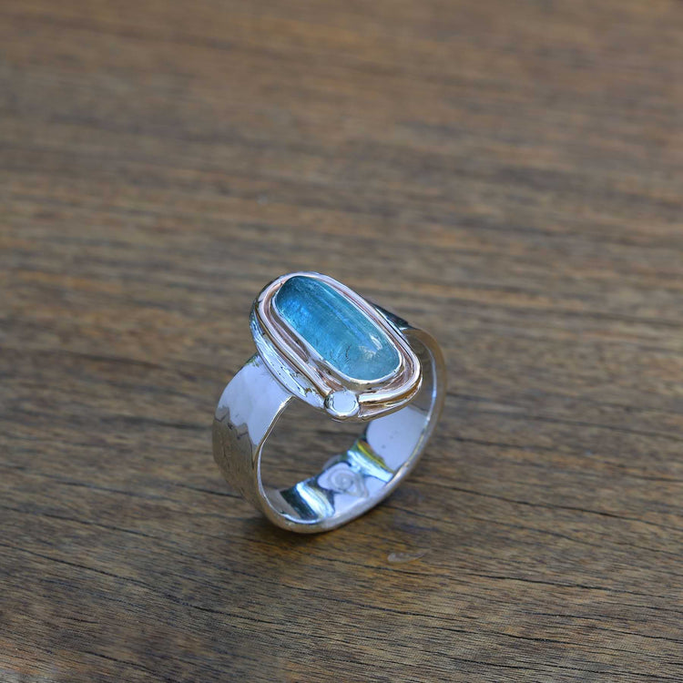 Aqua Blue Tourmaline Mixed Metal Statement Ring alt image | Breathe Autumn Rain