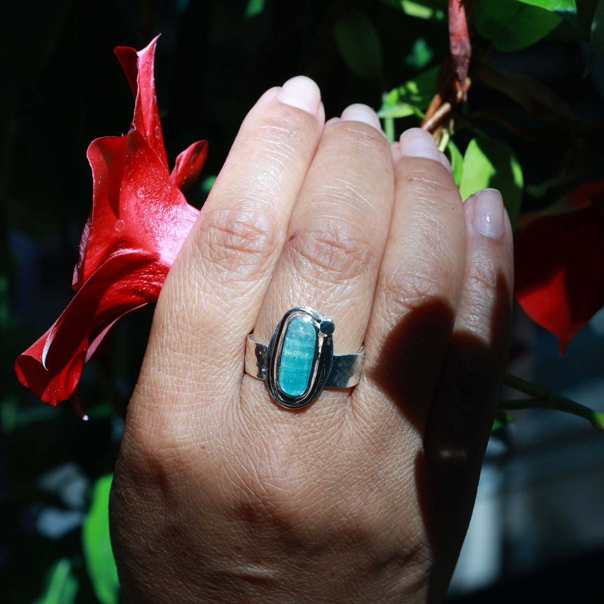 Aqua Blue Tourmaline Mixed Metal Statement Ring lifestyle image | Breathe Autumn Rain