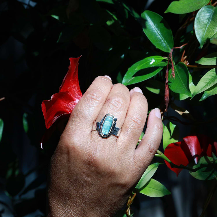 Aqua Blue Tourmaline Mixed Metal Statement Ring lifestyle image | Breathe Autumn Rain