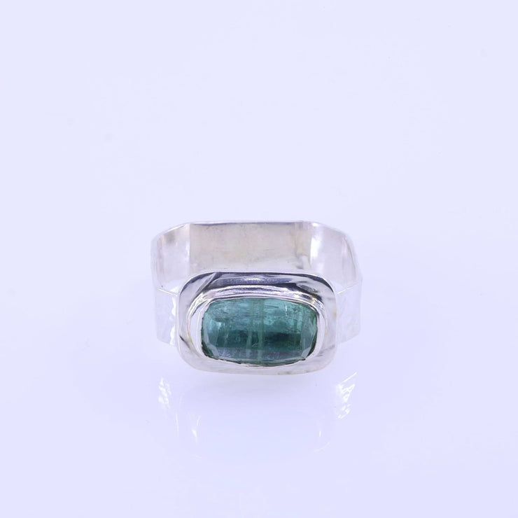 Be Square - Green Tourmaline Hammered Silver Ring alt image | Breathe Autumn Rain Jewelry
