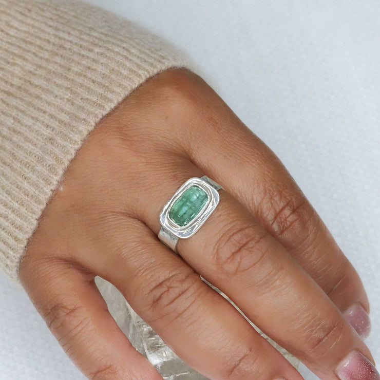 Be Square - Green Tourmaline Hammered Silver Ring lifestyle image | Breathe Autumn Rain Jewelry