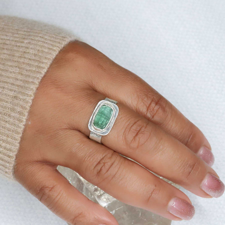 Be Square - Green Tourmaline Hammered Silver Ring lifestyle image | Breathe Autumn Rain Jewelry