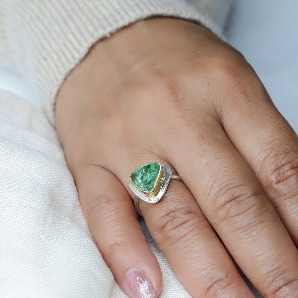 Bogata - Green Tourmaline Mixed Metal Ring lifestyle image | Breathe Autumn Rain Jewelry