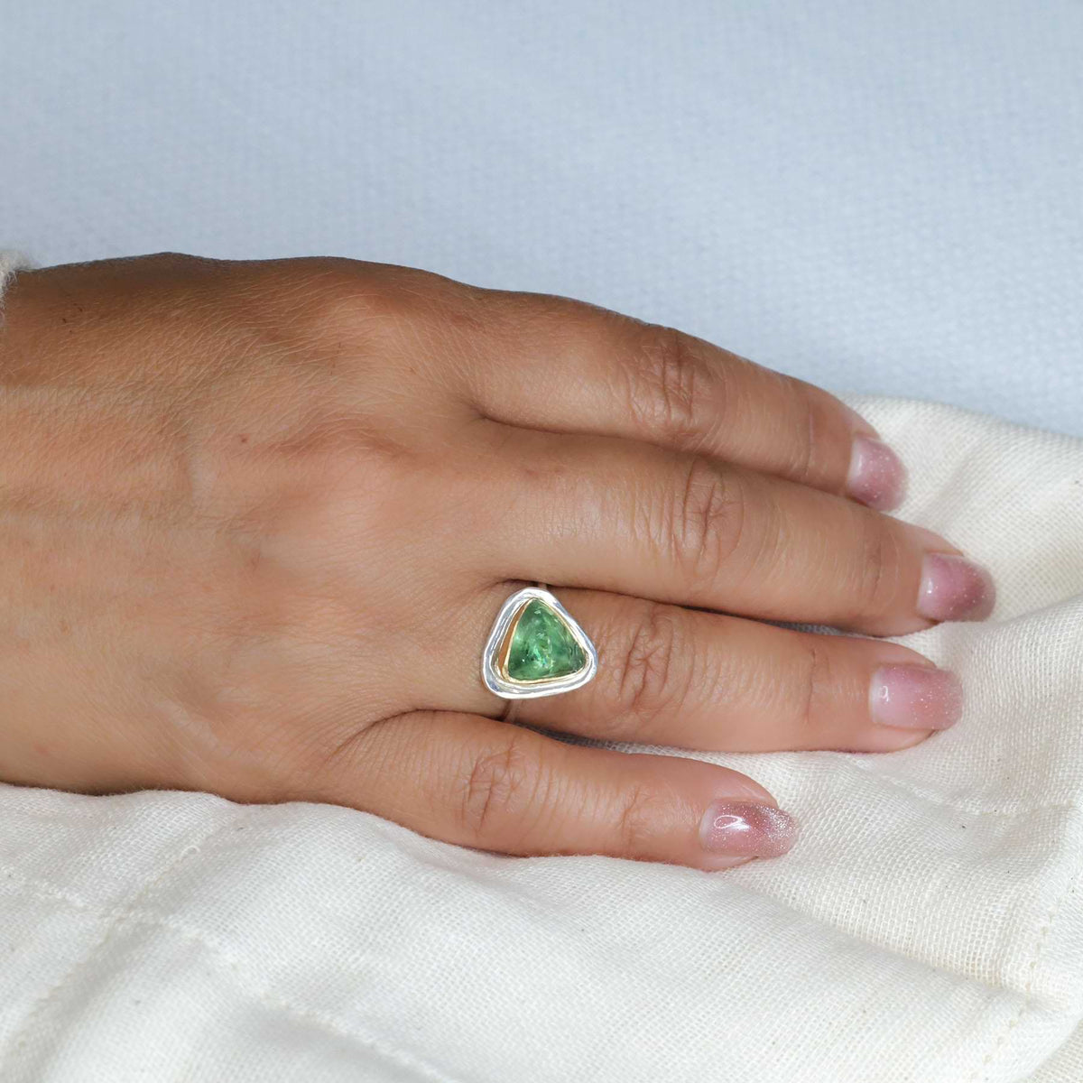 Bogata - Green Tourmaline Mixed Metal Ring lifestyle image | Breathe Autumn Rain Jewelry