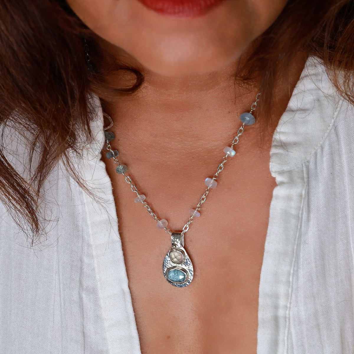 By the Lake - Multi-Gemstone Silver Pendant Necklace lifestyle image | Breathe Autumn Rain Artisan Jewelry