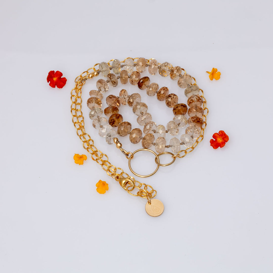 Stay Neutral faceted champagne topaz gold necklace coiled showing full length – Breathe Autumn Rain