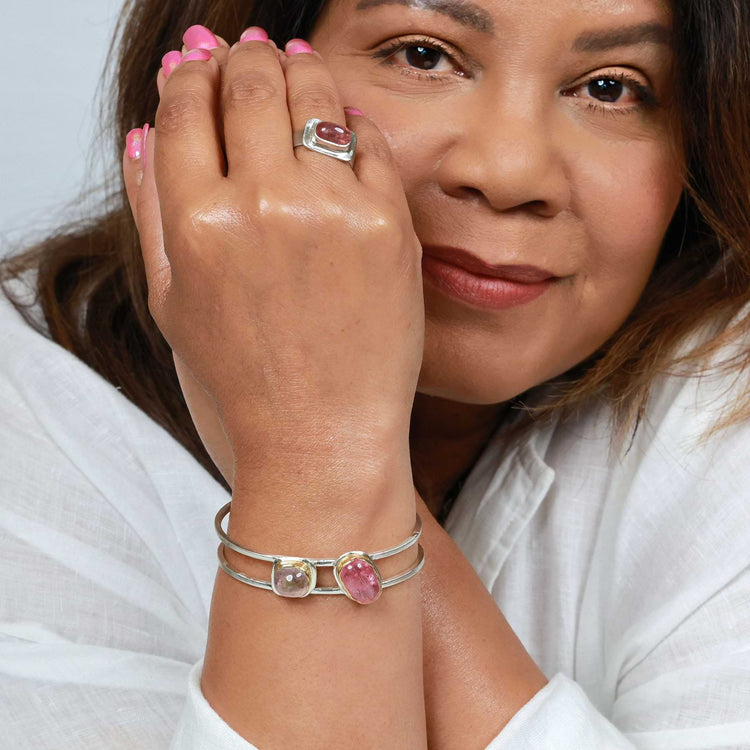 Chelsea Pink Tourmaline Silver Ring and Tori Silver Bracelet Lifestyle Image | Breathe Autumn Rain
