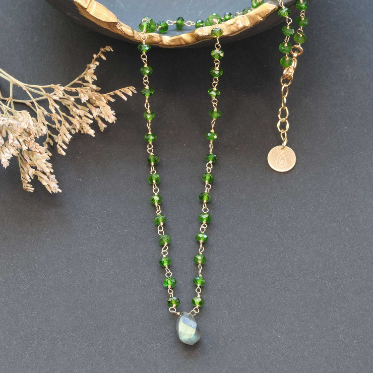 Delicate Chrome Diopside and Labradorite Gold Necklace main image | Breathe Autumn Rain Jewelry