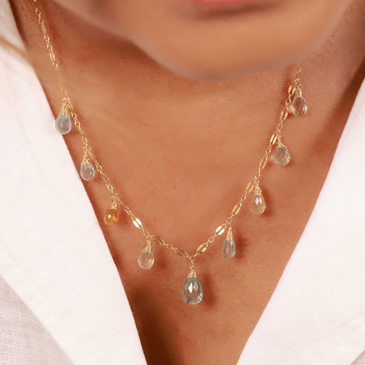 Drip Drop - Faceted Aquamarine and Beryl Gold Necklace detail image | Breathe Autumn Rain