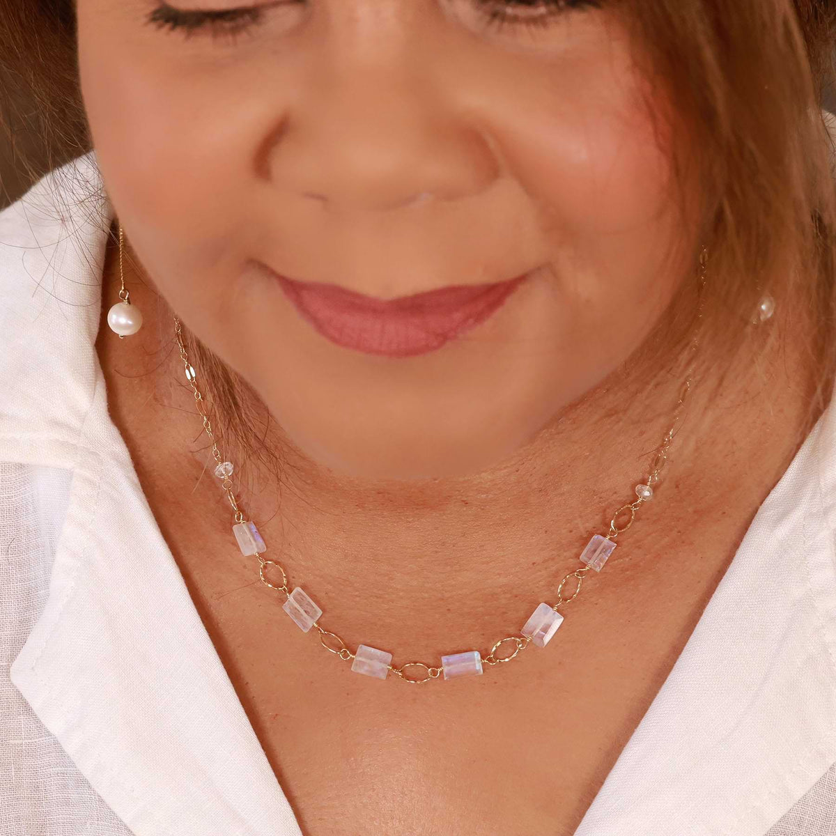 Emma - Rainbow Moonstone Gold Necklace life style image | Breathe Autumn Rain