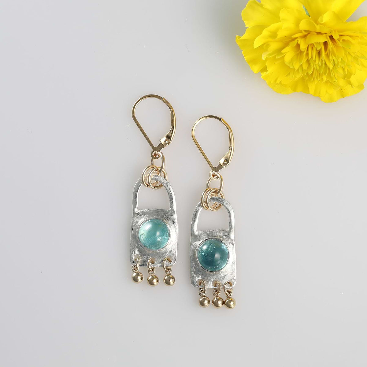 Paraiba blue tourmaline earrings with silver and gold filled accents