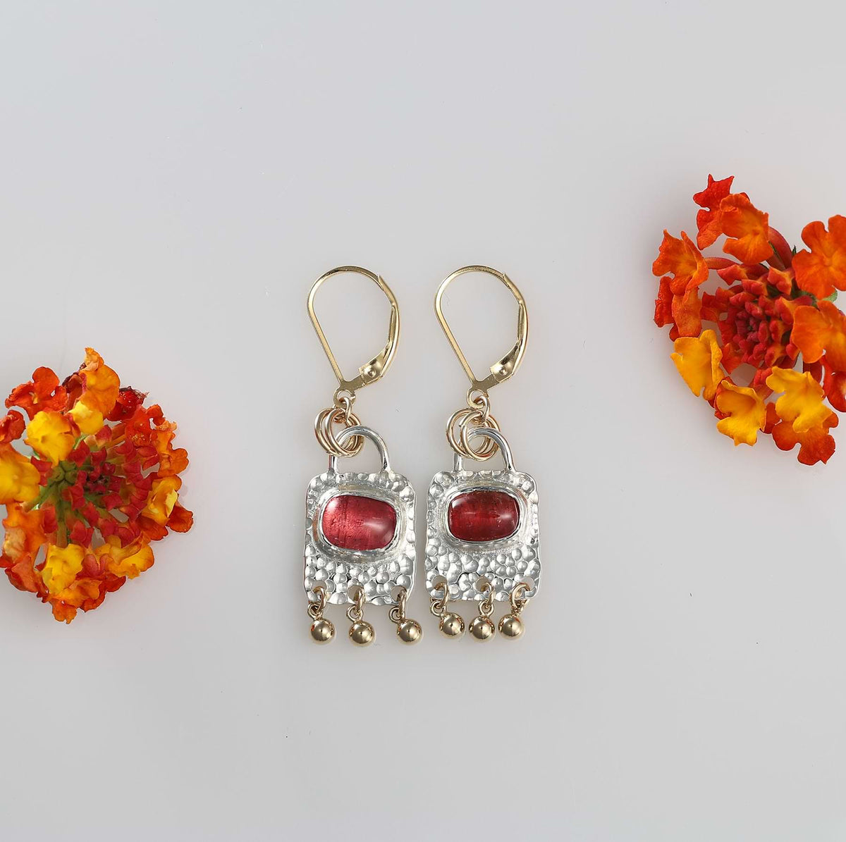 Pink tourmaline cabochon earrings in Argentium silver with gold dangles