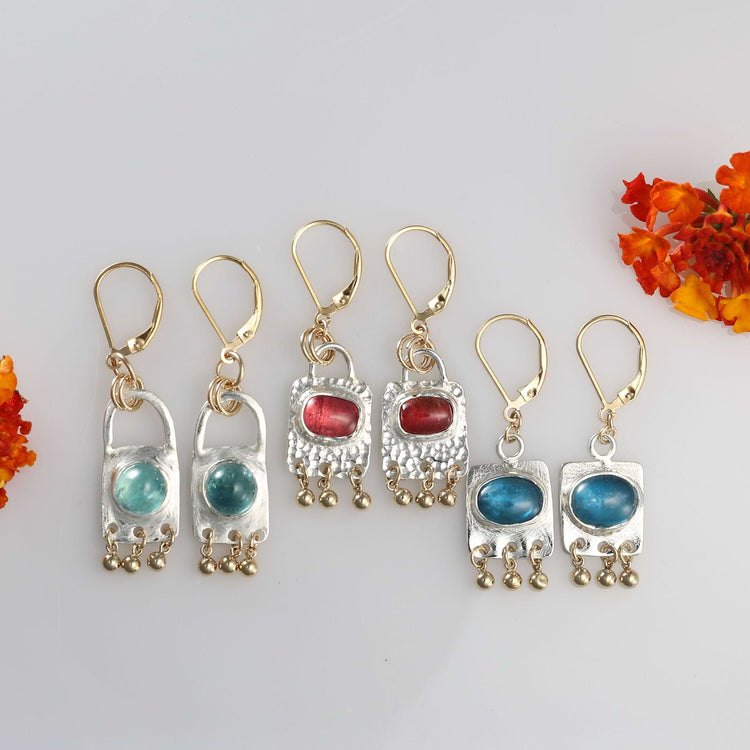 Mixed metal frame earrings with Paraiba, neon, and pink tourmaline cabochons