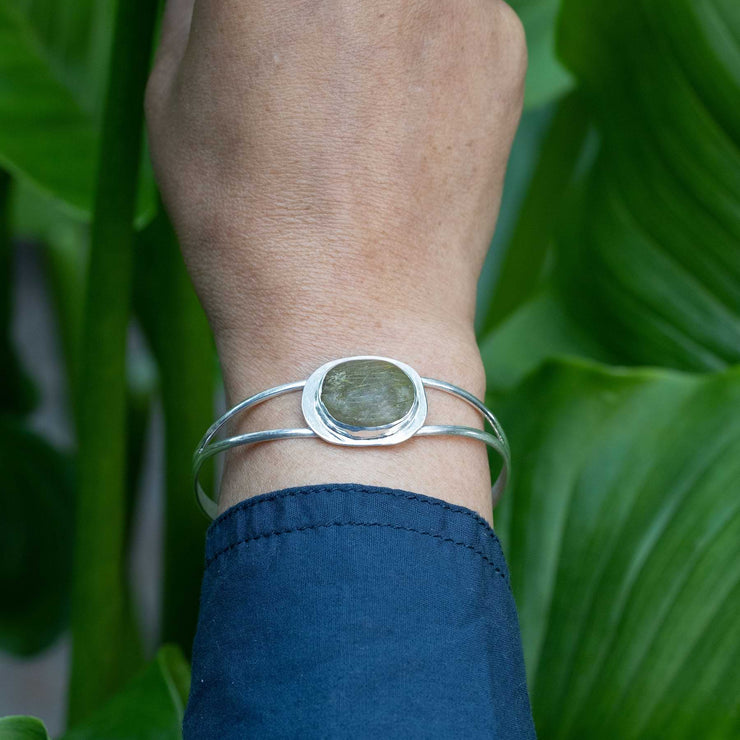 Gaia - Tourmalinated Quartz Silver Cuff Bracelet lifestyle image 3 | Breathe Autumn Rain Artisan Jewelry