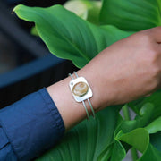 Golden - Rutilated Quartz Mixed Metal Cuff Bracelet lifestyle main image | Breathe Autumn Rain Artisan Jewelry
