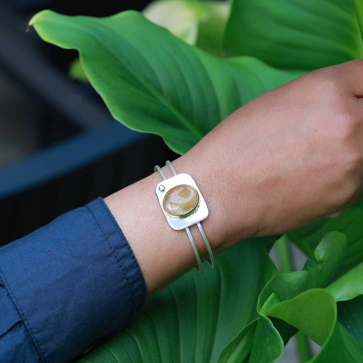 Golden - Rutilated Quartz Mixed Metal Cuff Bracelet lifestyle main image | Breathe Autumn Rain Artisan Jewelry