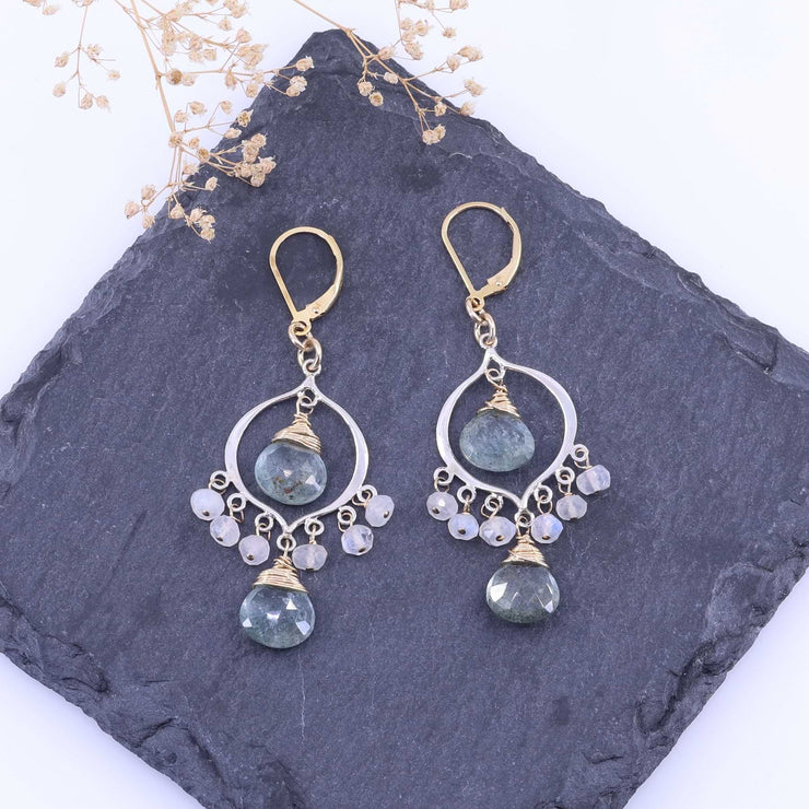 Grayson - Aquamarine and Moonstone Silver Chandelier Earrings - 2023