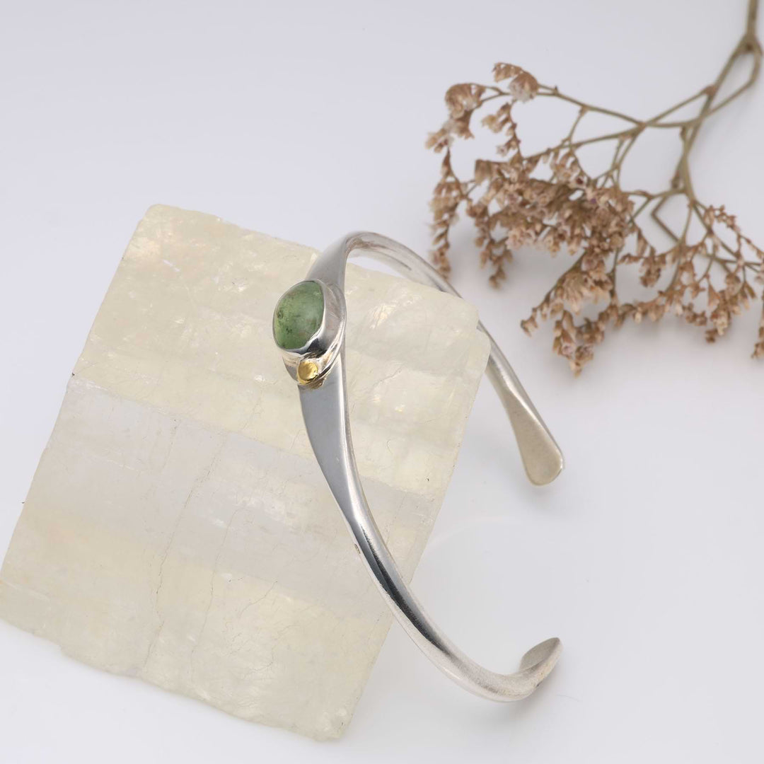 Green Kyanite Silver Cuff Bracelet alt image | Breathe Autumn Rain Jewelry