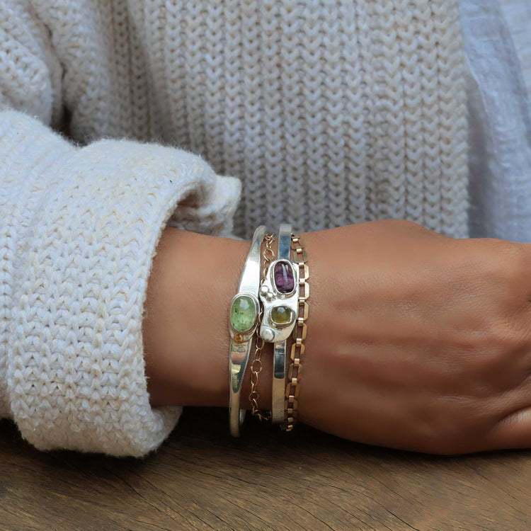 Green Kyanite Silver Cuff Bracelet lifestyle image | Breathe Autumn Rain Jewelry