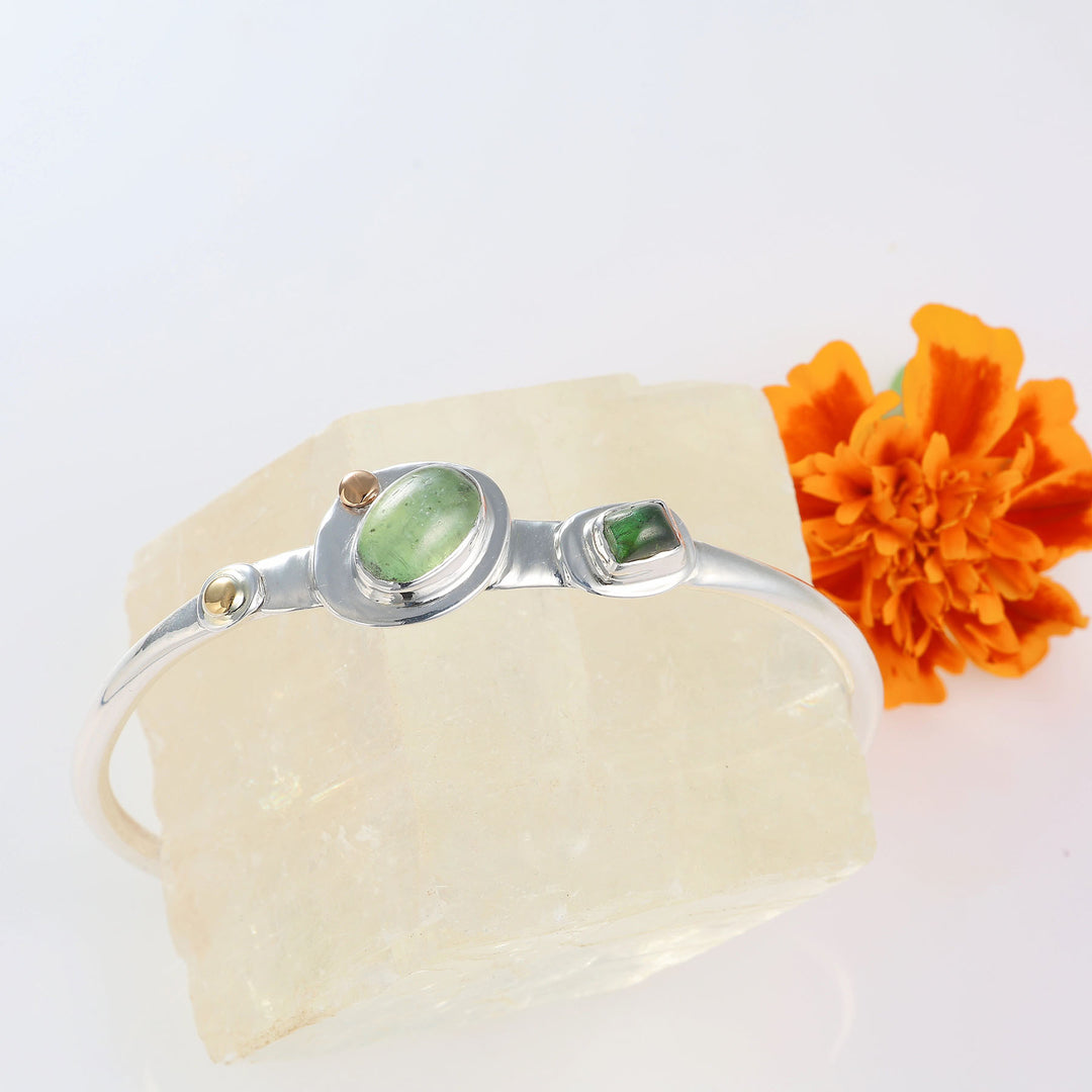 Hood River organic sterling silver cuff bracelet featuring green tourmaline and 22k gold accents by Breathe Autumn Rain.