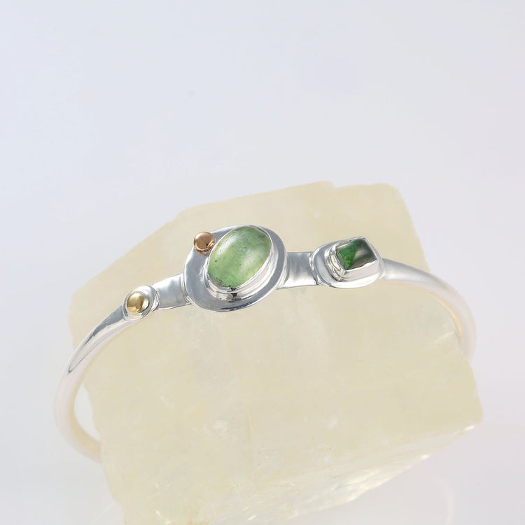 Hood River organic sterling silver cuff bracelet featuring green tourmaline and 22k gold accents by Breathe Autumn Rain.