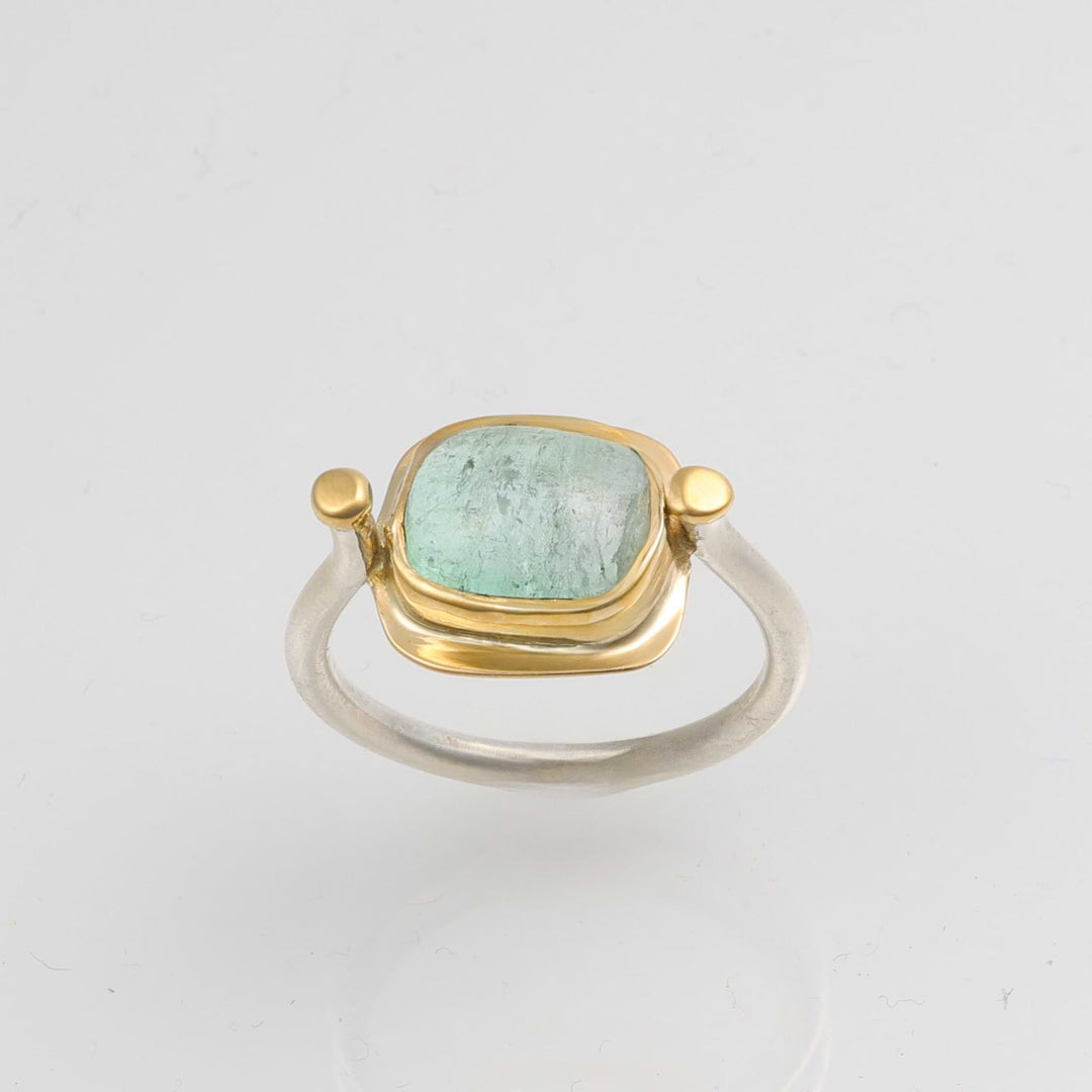 One-of-a-kind green tourmaline gold and silver ring – Maya design by Breathe Autumn Rain