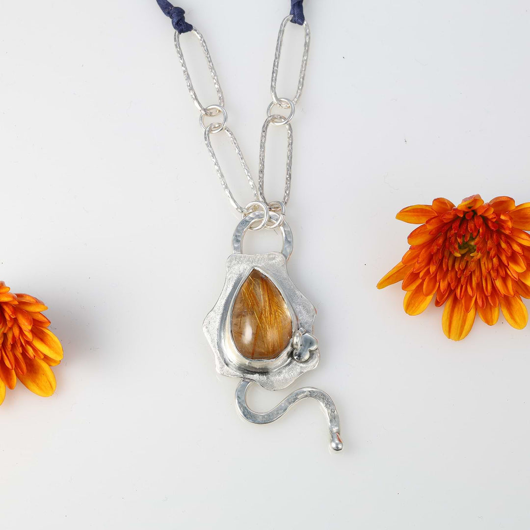 Harvest Glow - Rutilated Quartz Silver Pendant Necklace alt image | Breathe Autumn Rain Jewelry