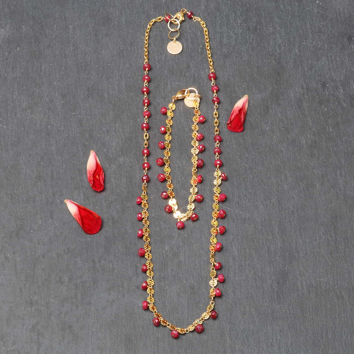 Hibiscus and Honeysuckle - Ruby Gold Necklace alt image | Breathe Autumn Rain Jewelry