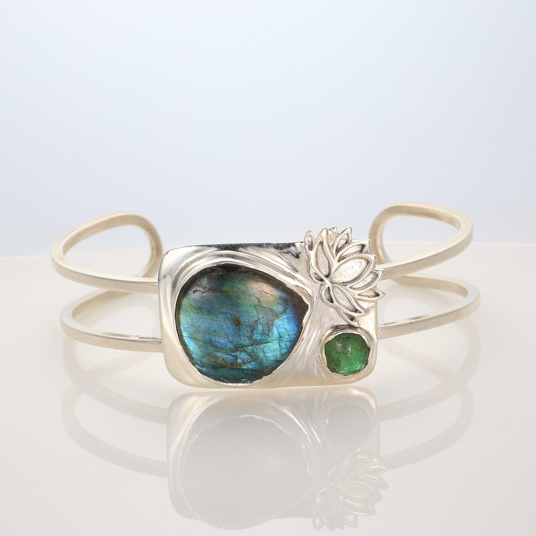 Northern Light - Labradorite &amp; Tourmaline Silver Double Bangle Bracelet alt image | Breathe Autumn Rain Jewelry
