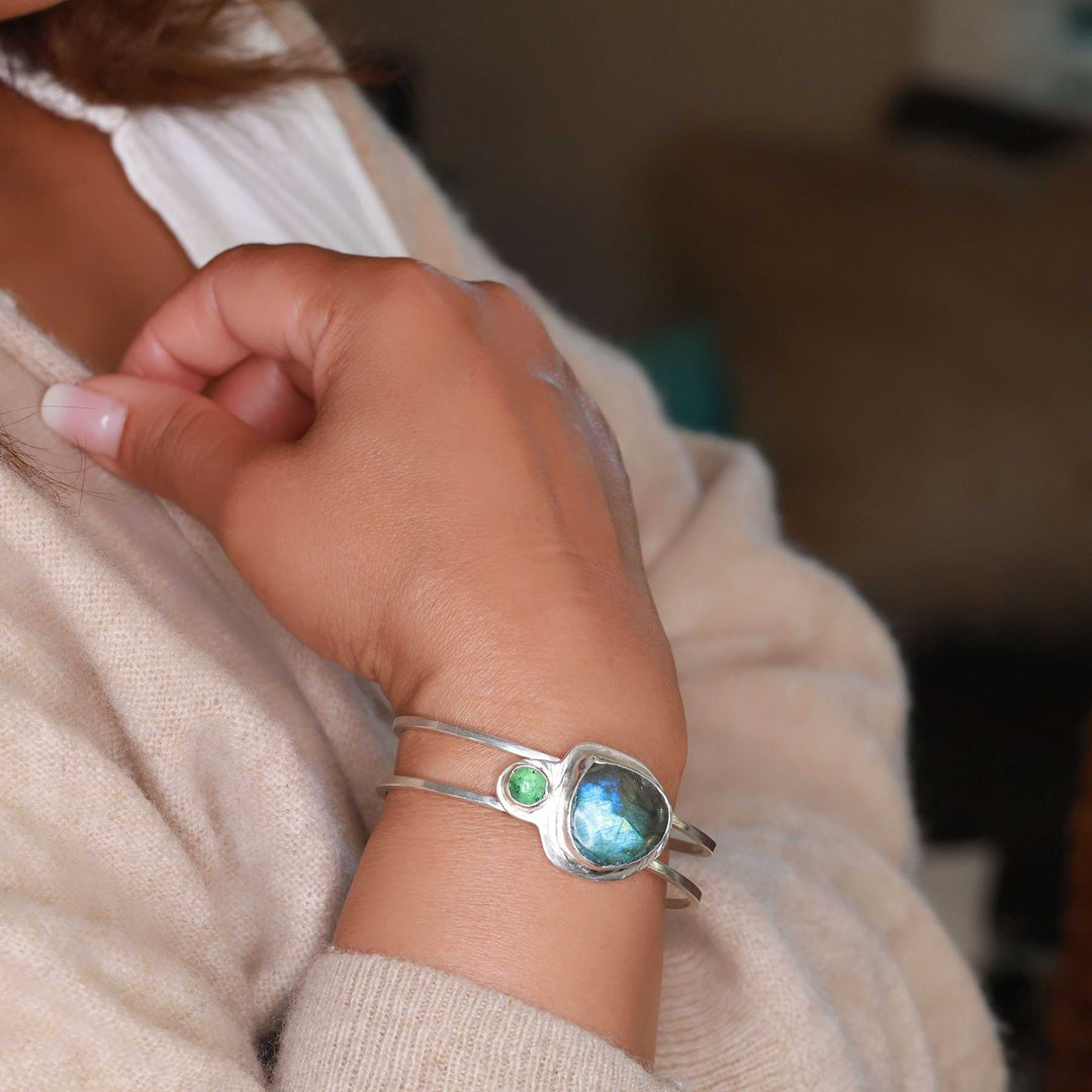 Labradorite &amp; Tourmaline Silver Double Bangle Bracelet lifestyle image | Breathe Autumn Rain Jewelry