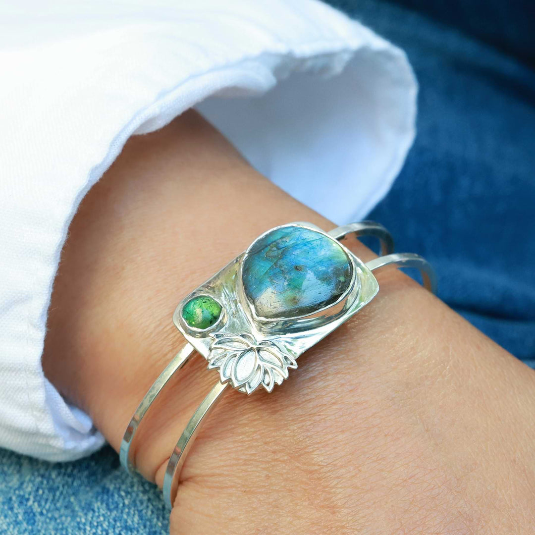 Labradorite &amp; Tourmaline Silver Double Bangle Bracelet lifestyle alt image | Breathe Autumn Rain Jewelry