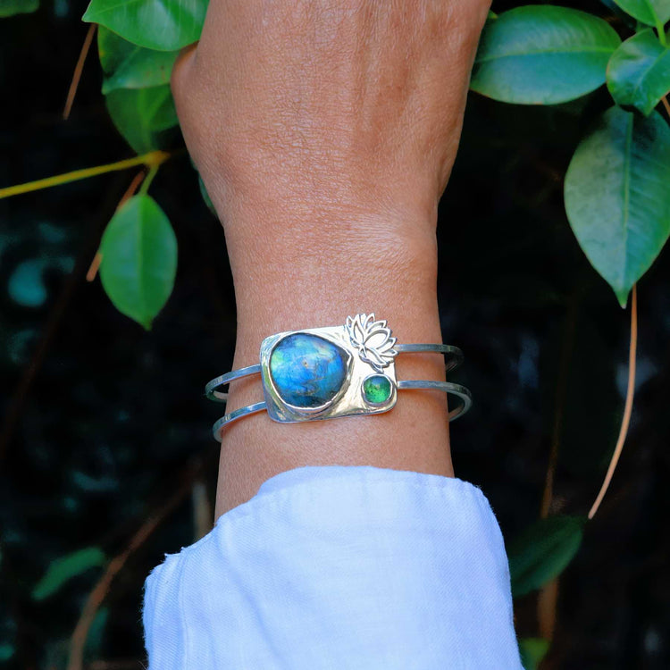 Labradorite & Tourmaline Silver Double Bangle Bracelet lifestyle alt image | Breathe Autumn Rain Jewelry