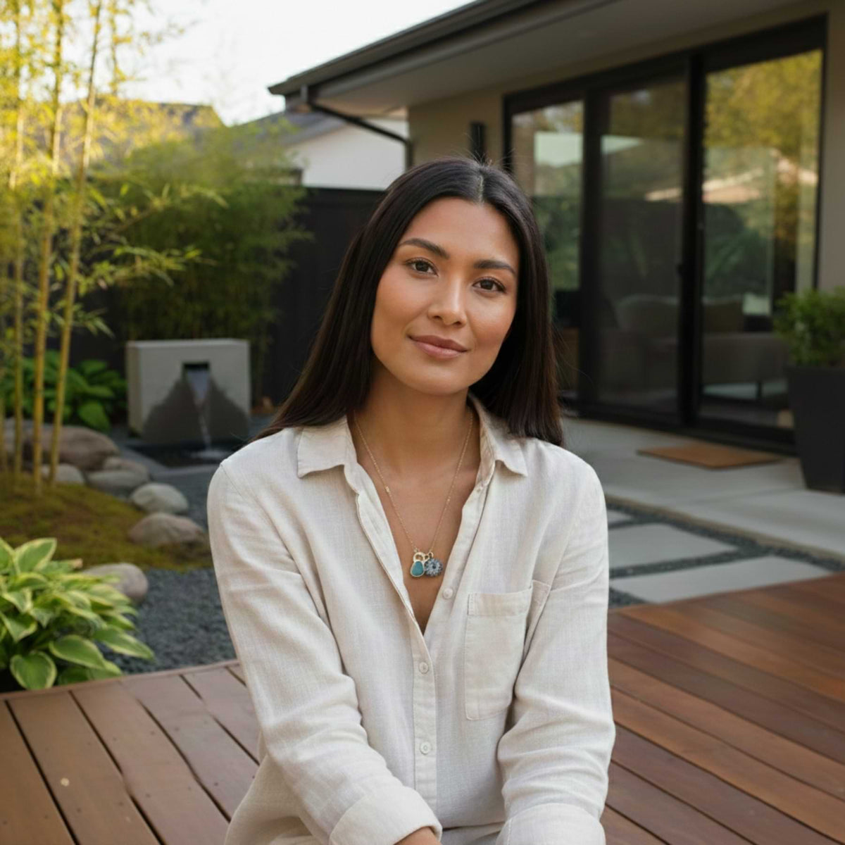 A woman wearing the artisan aqua sea glass necklace sitting peacefully in a modern back yard, reflecting a serene lifestyle.