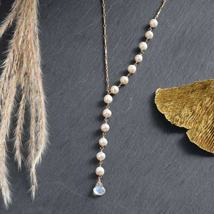 Moonstone and Pearl Gold Necklace | Breathe Autumn Rain Jewelry