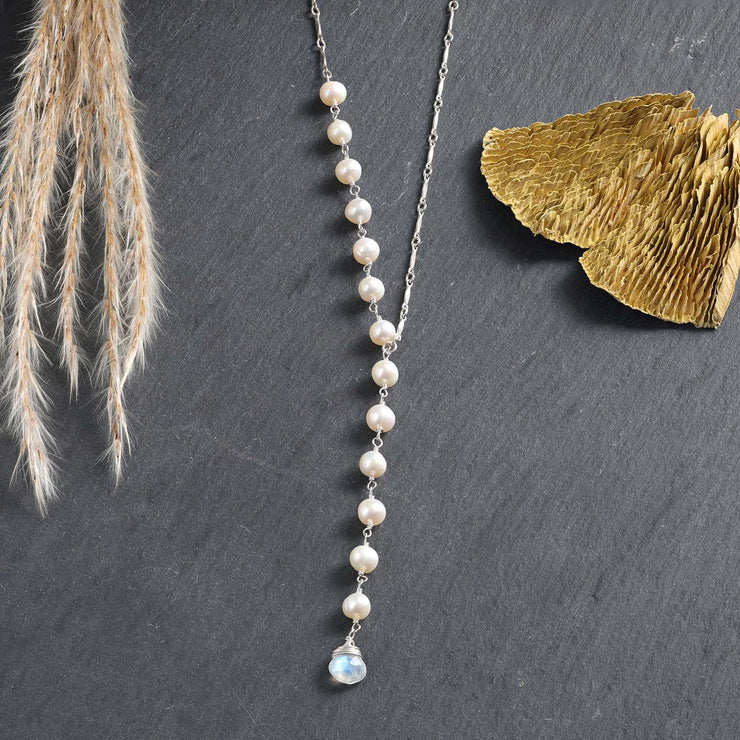 Moonstone and Pearl Silver Necklace | Breathe Autumn Rain Jewelry