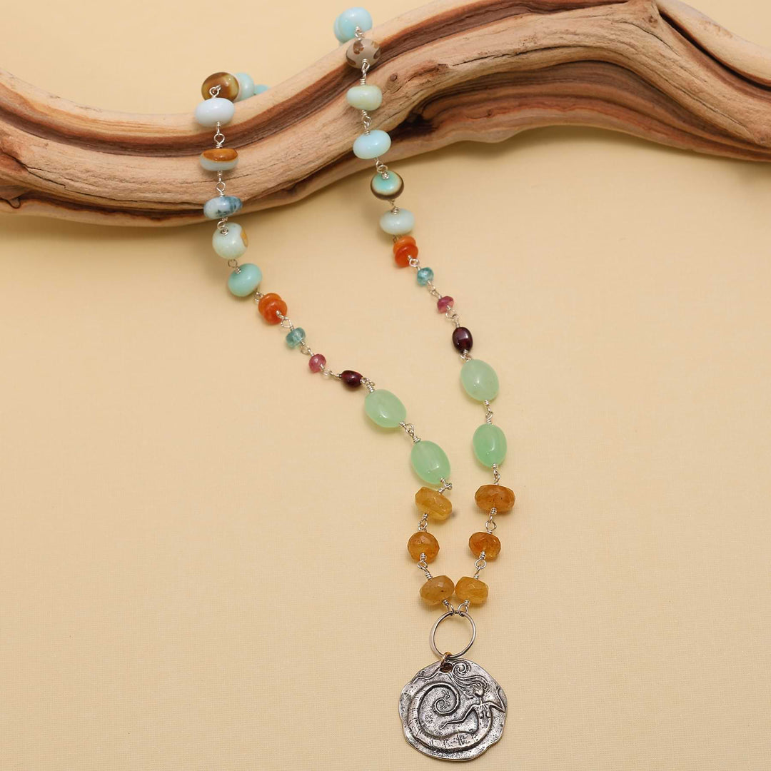 Malia – Multiple Gemstone Necklace with Recycled Silver Siren Charm