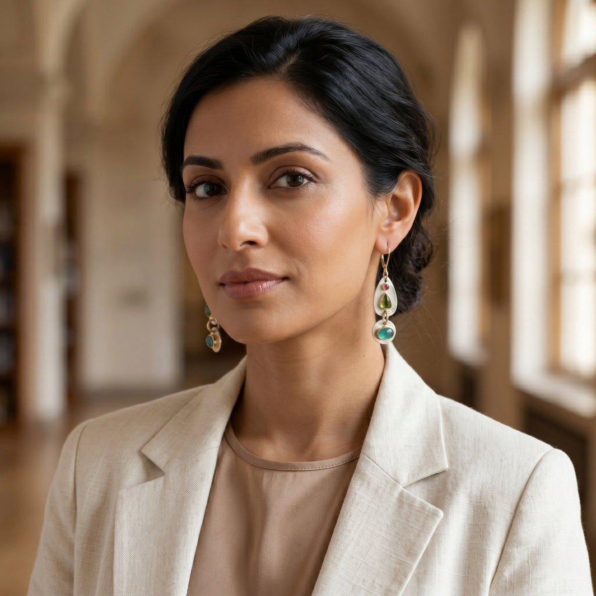 Woman wearing a beige blazer and earrings in an indoor setting